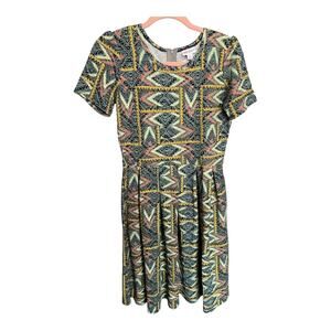 Lularoe Amelia knee length pleated dress zip up back short sleeve pockets Medium